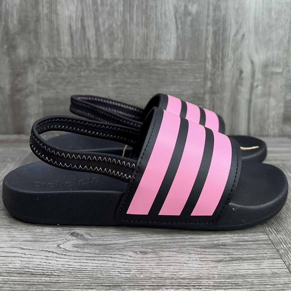 Adidas‎ Adilette ESTRAP C Kids Size 2 Black Pink New Sandals Slides Athletic